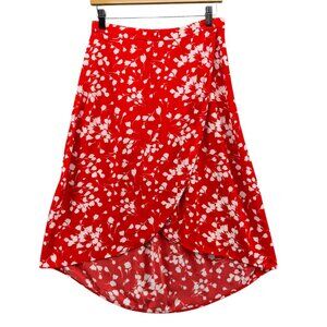 J.CREW Faux Wrap Midi Skirt Womens Red Floral Pull On Elastic Waist Size S